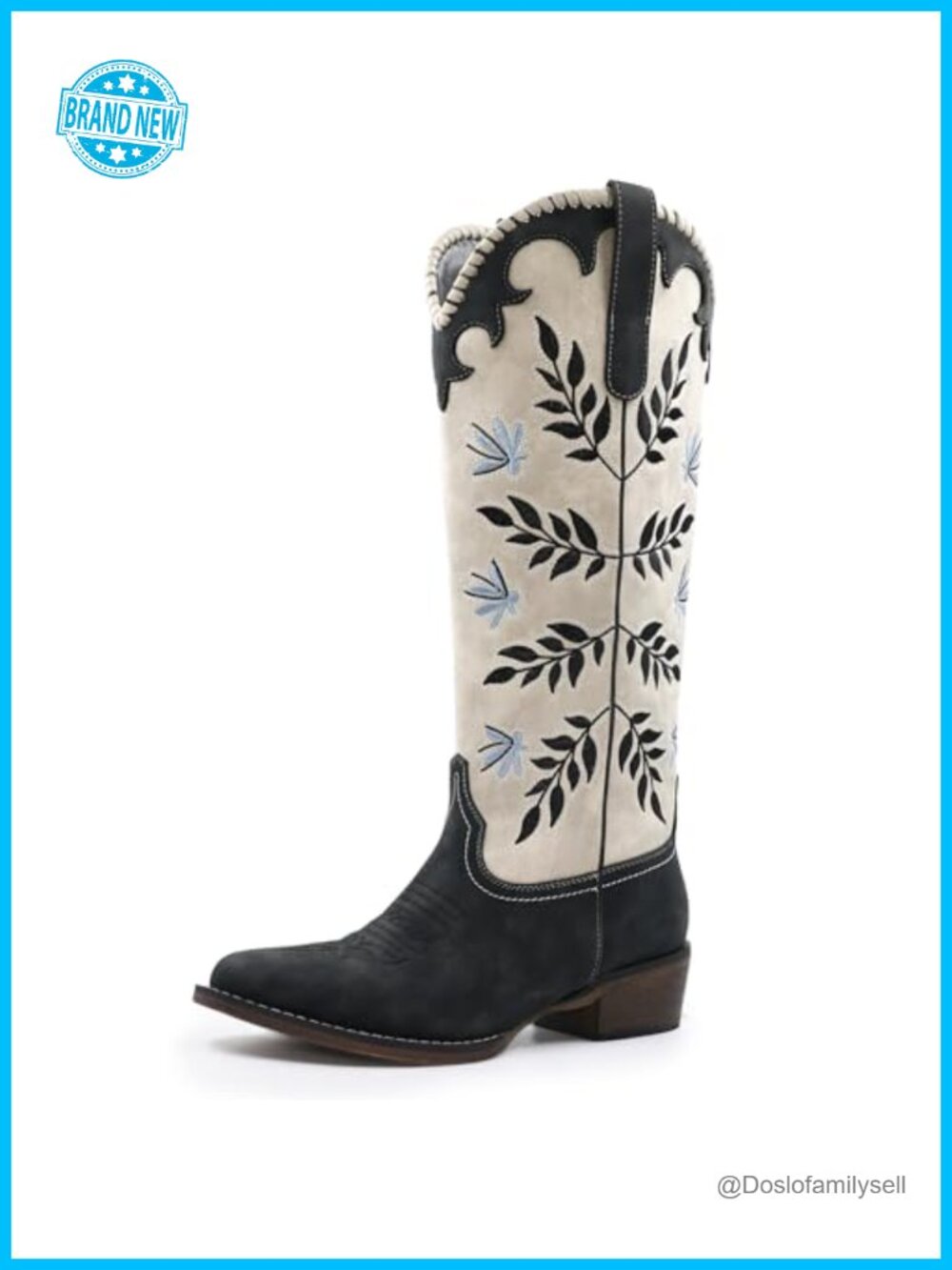 Womens Cowboy Boots Leaf Embroidered Knee High Chunky Heel Western Pull On